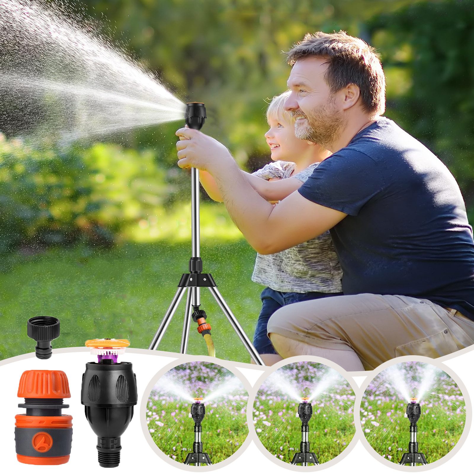 BTTO Kreisregner 360° Drehbarer Stativregner Sprinkler mit Stativ Basis, Teleskop-Rotating Tripod Sprinkler für Rasen Garten Hof
