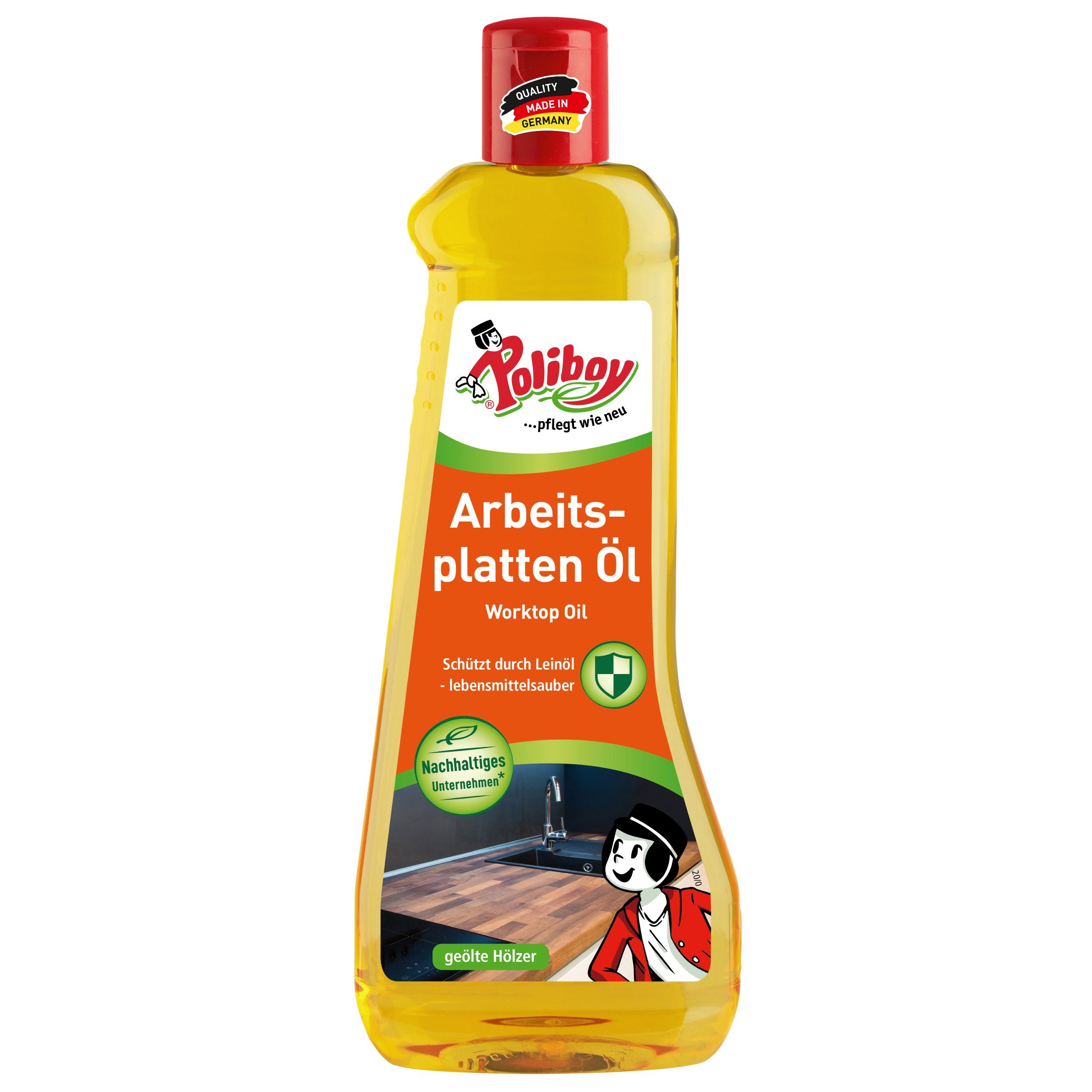 poliboy Arbeitsplatten Öl - 500ml - schützt vor Wasser und Schmutz Holzreiniger (für unbehandelte und geölte Hölzer - Made in Germany)