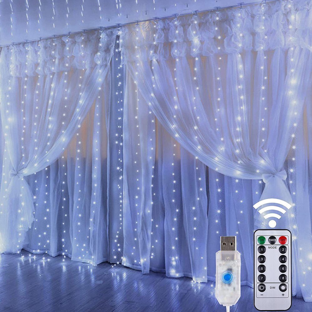 MUPOO LED-Lichterkette Vorhang-Lichterkette 300LED USB Timer LED Dekolicht LED-Vorhangleuchte, Led Vorhangbeleuchtung IP65,3X3M,Fernbedienung, Musikmodus/8 Modi Weiß