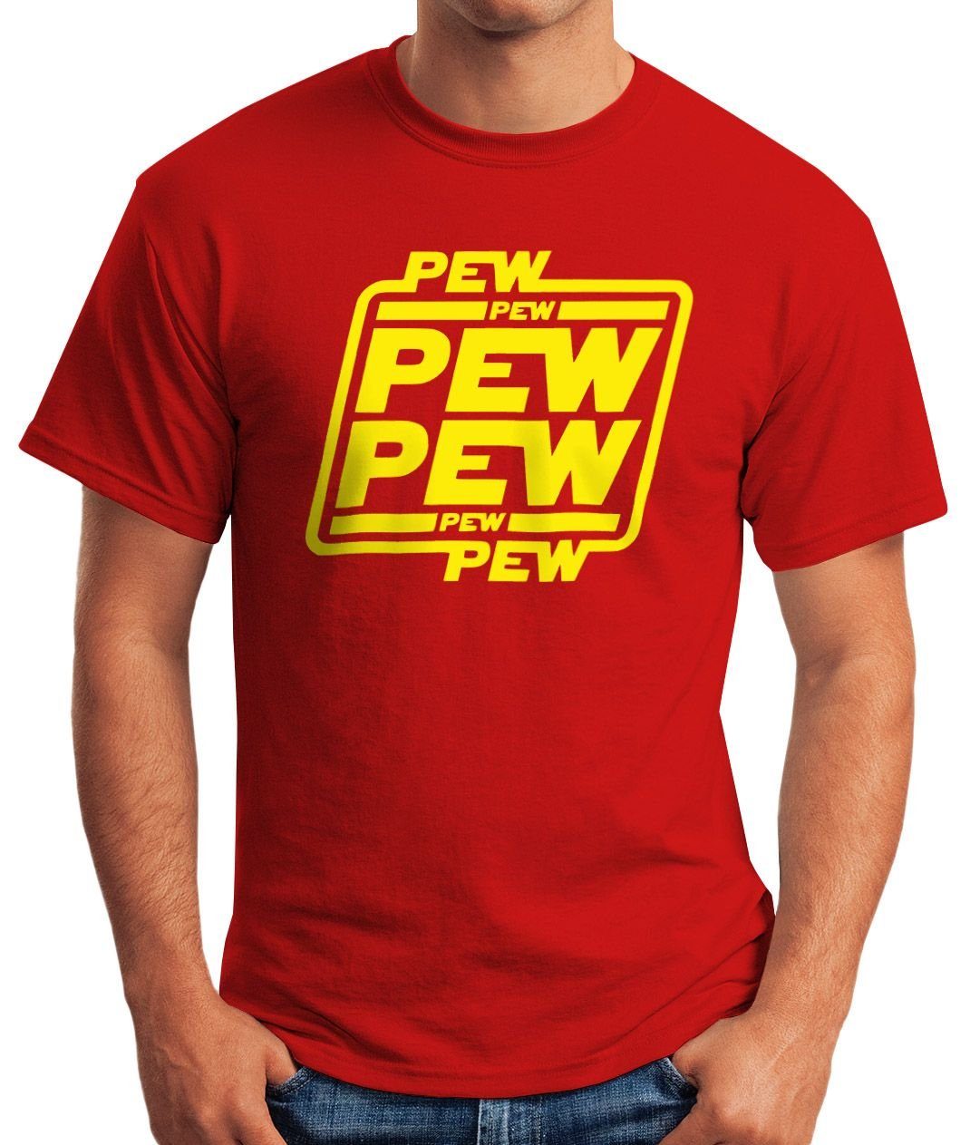 MoonWorks Print-Shirt Herren T-Shirt Pew Pew Print Moonworks® Fun-Shirt Pew rot mit