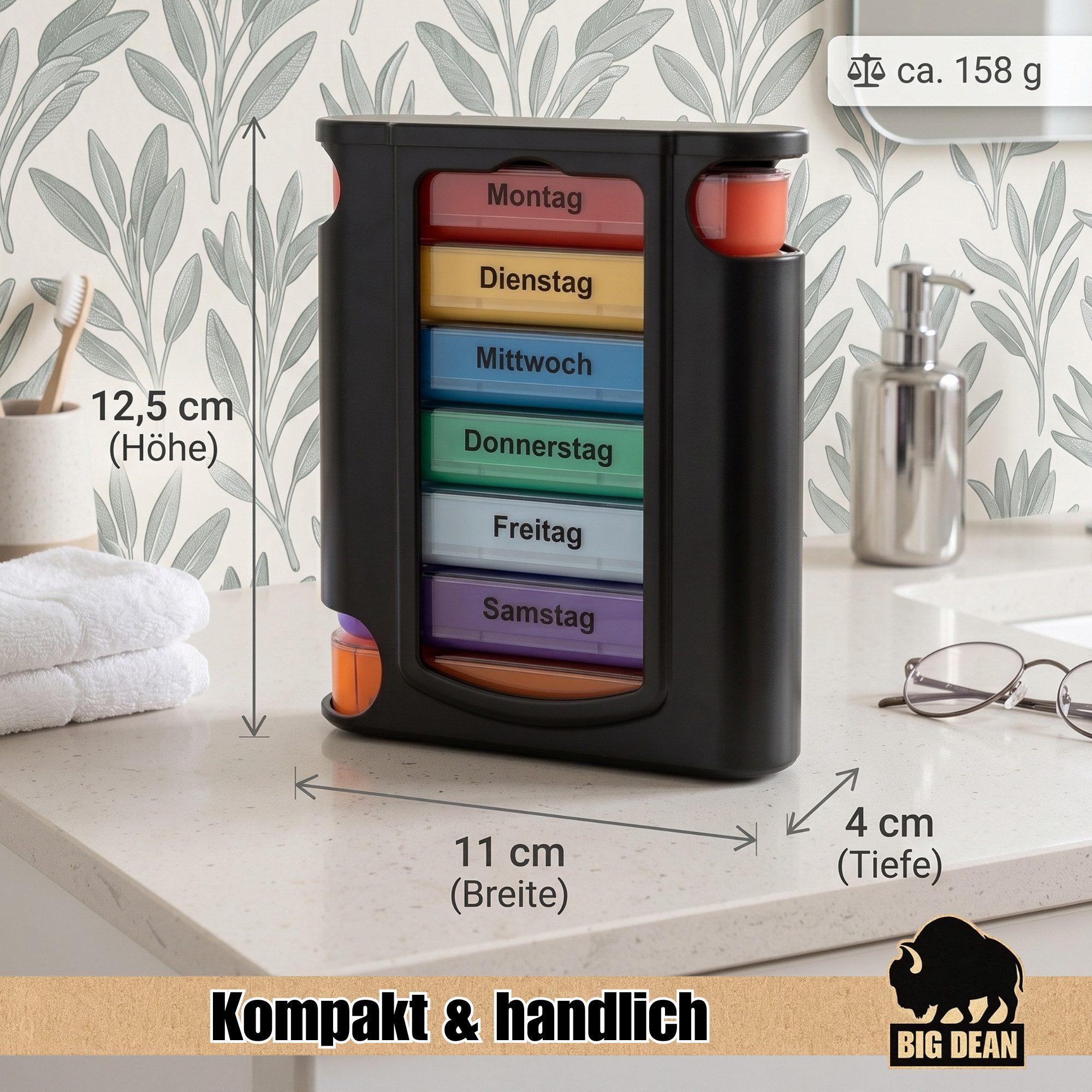 BigDean Pillendose 10er Set Tablettenbox 7 Tage Wochenbox mit 4 Fächern pro Tag (Set, 10 St), 100% BPA-frei, sichere Klappverschlüsse, herausnehmbare Tagesboxen