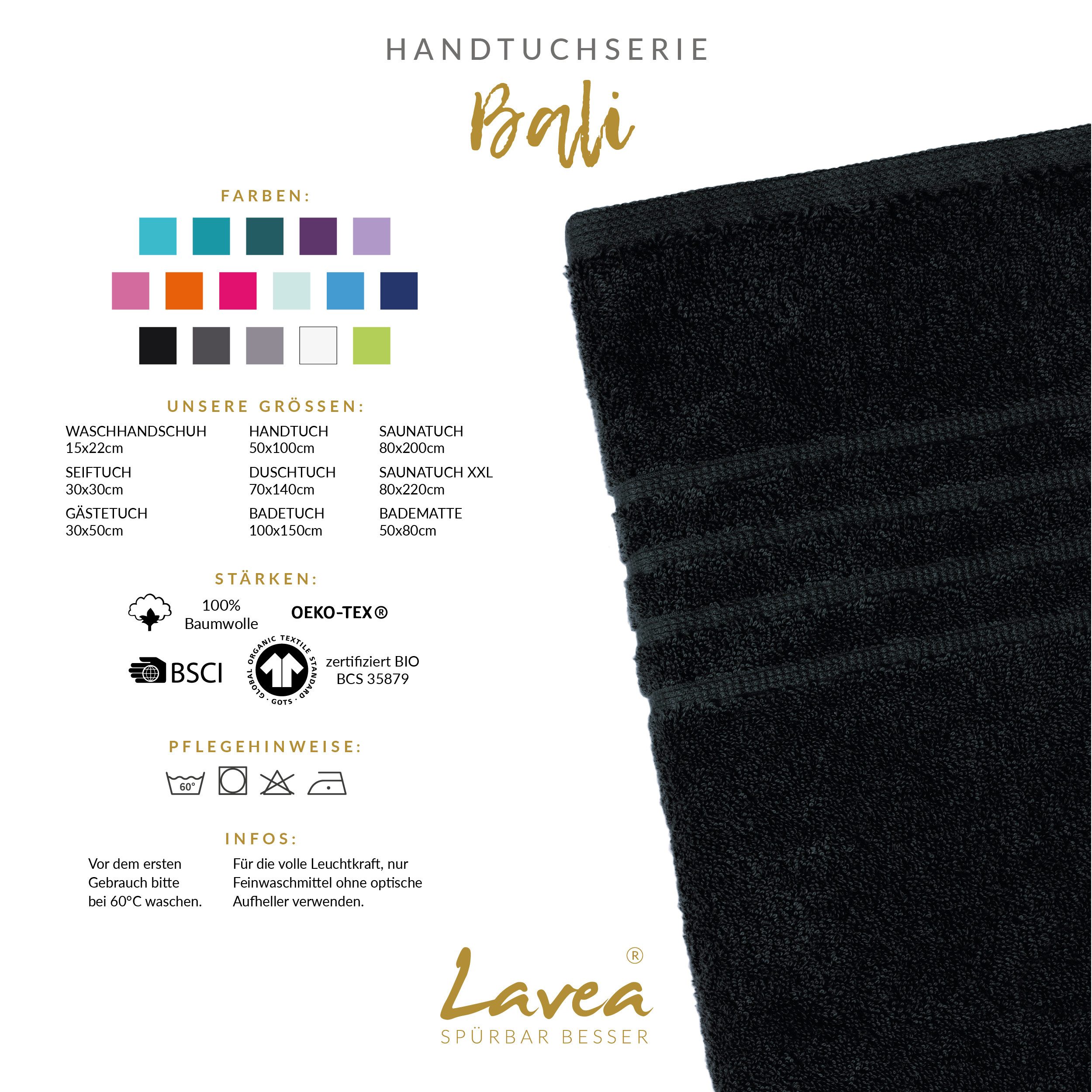 Lavea Badetuch Bali Duschtuch 100x150 cm Duschtuch 70x140 cm, Weiches Bio-Baumwollfrottee (1-St), Handtuch, GOTS-zertifiziert, extra saugstark mit 500g/m²