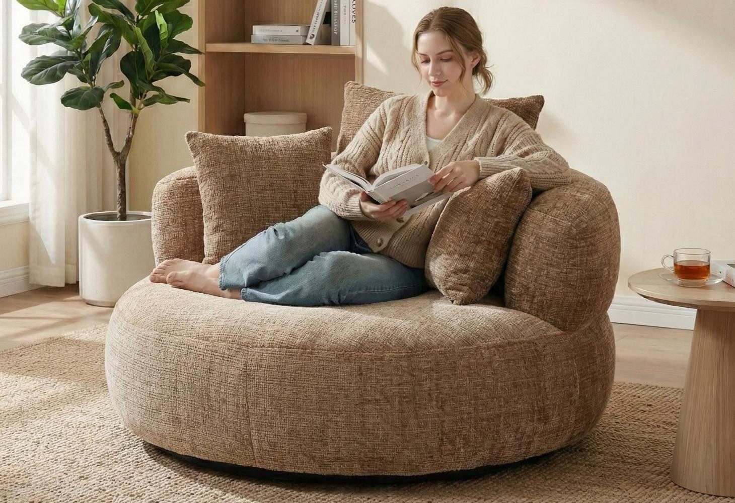 LVHOM Sitzsack 108x108x52cm Chenille Premium Sofa mit 3 extra Kopfkissen (Kuschelig & Atmungsaktiv, Einzelsitzer-Lounge, komplett komprimiert geliefert. Perfekt für Ruhe, Lesen, Gaming & Nickerchen. Ideal für Wohnzimmer, Schlafzimmer, Spielzimmer & Office, Belastbar bis 150kg. Nettogew. 20,5kg), Memory Foam Split, Selbstaufrichtung <3 Tage, Maximaler Liegekomfort