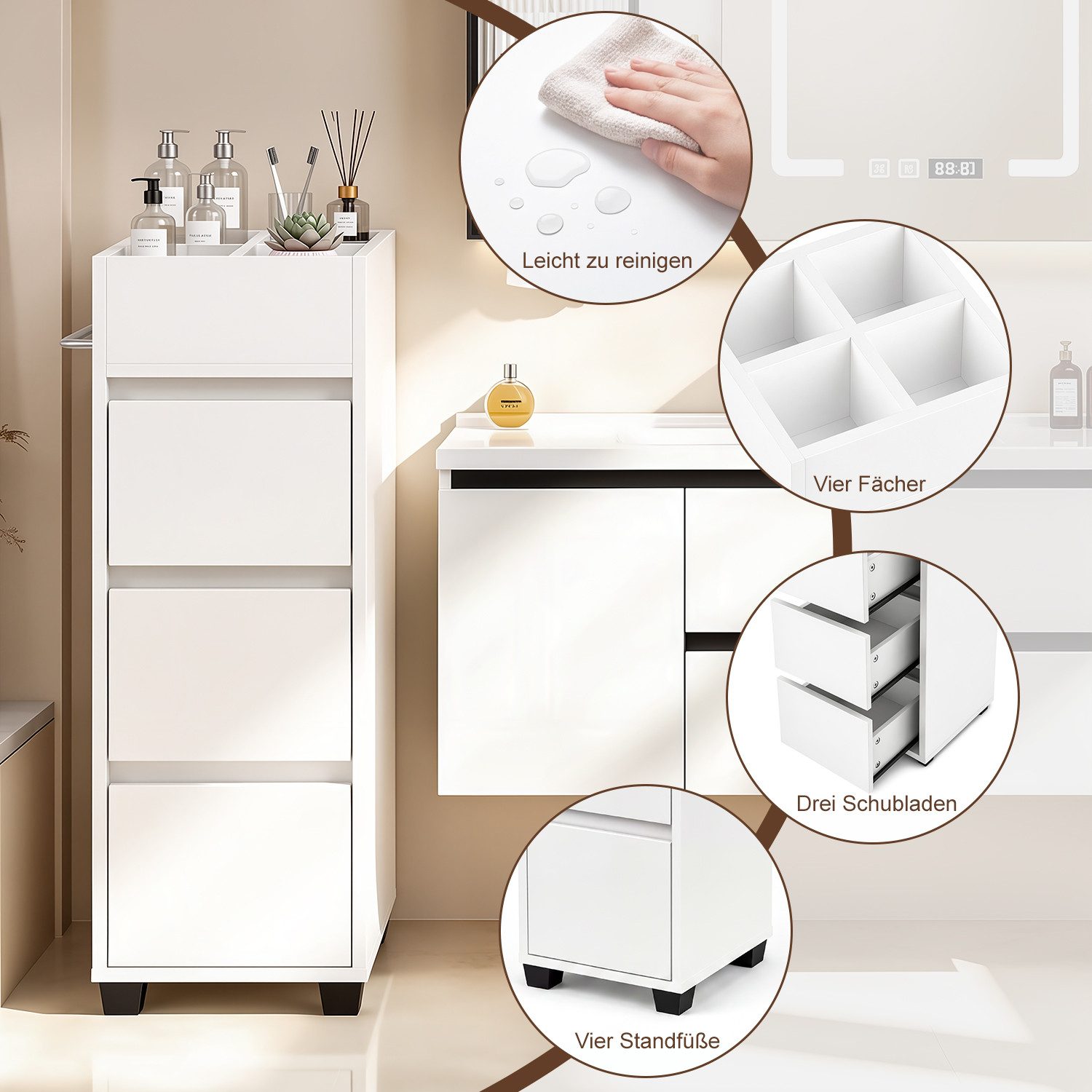 oyajia Badkommode Badezimmerschrank Badschrank Beistellschrank (Badschrank schmal, mit 3 Schubladen, 4 Fächern)