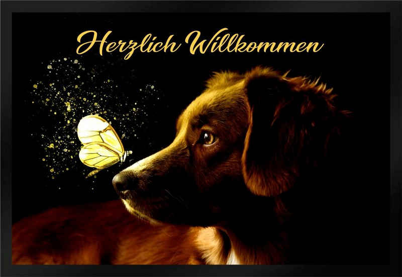 Fußmatte Schmutzfangmatte Herzlich Willkommen Hund Schmetterling F590, Ladreas, 60x40
