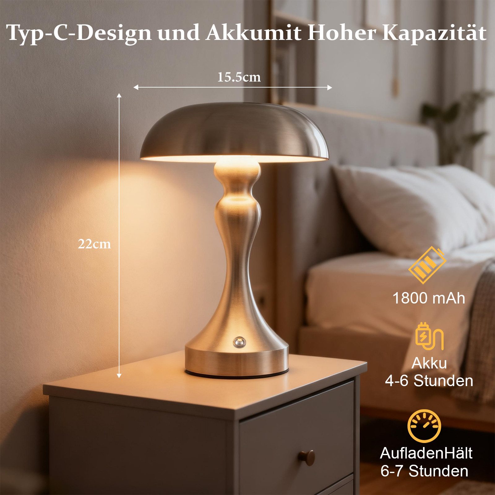 ZMH LED Tischleuchte Kabellos Vintage Akku Nachttischlampe Touch Dimmbar für Fensterbank, Augenschutz, Einfache Installtion, LED fest integriert, 3000-6500K, mit USB Aufladbar Nickel Batterie Tischlampen