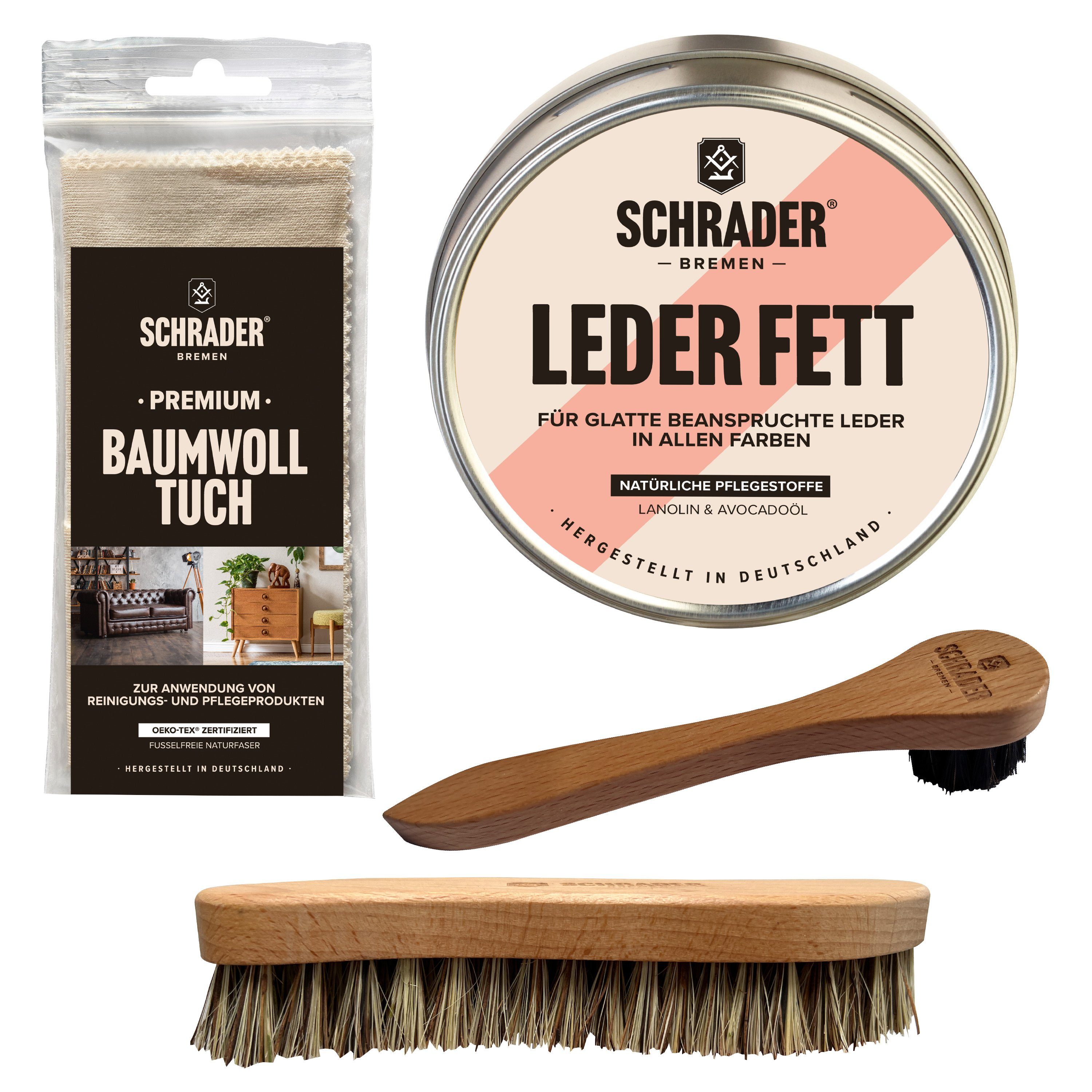 Germany) Made (Lederpflege Lederreiniger - Lederschuhe Schrader 4-teilig in - für Wanderstiefel Pflegeset - strapazierte