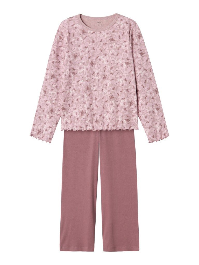 Name It Schlafanzug NKFNIGHTSET MAUVE FLOWER LOOSE RIB (Set, 2 tlg., Oberteil und Hose) weites Bein