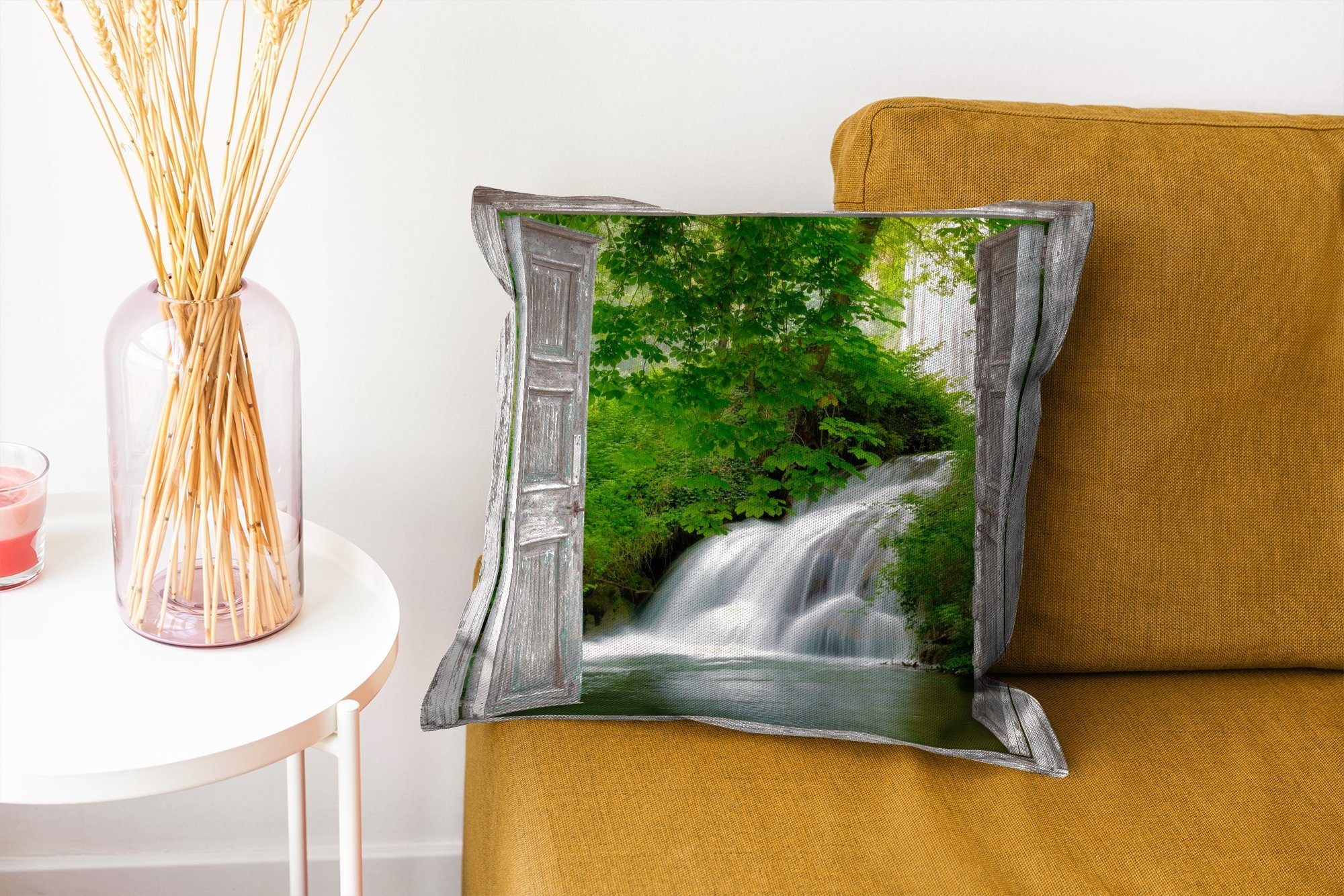 MuchoWow Dekokissen Wasserfall - Aussicht mit Deko, - Schlafzimmer, Landschaft, Füllung Wohzimmer, Zierkissen Sofakissen für