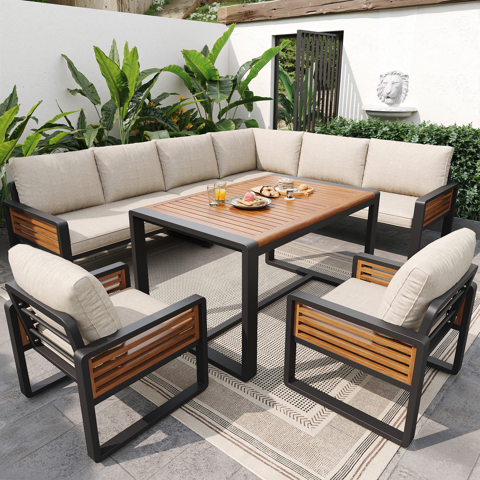 REDOM Gartenlounge-Set Gartensofa mit Esstisch aus Massivholz, (für 8 Personen, verstellbare Beine, alle Sitz- und Rückenkissen inklusive, 1-tlg)