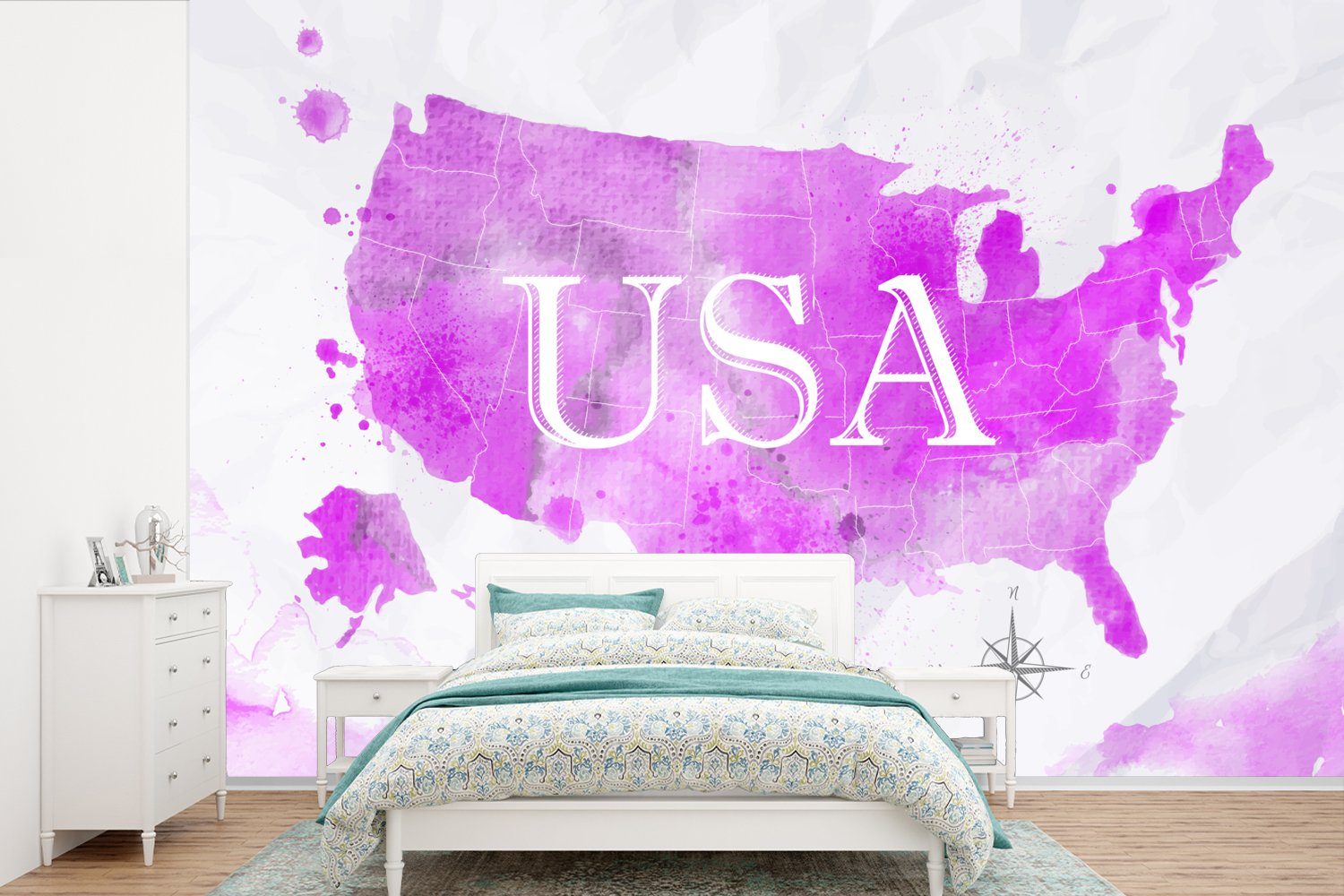MuchoWow Fototapete Weltkarte - Rosa - Vereinigte Staaten, Matt, bedruckt, (6 St), Wallpaper für Wohnzimmer, Schlafzimmer, Kinderzimmer, Vinyl Tapete