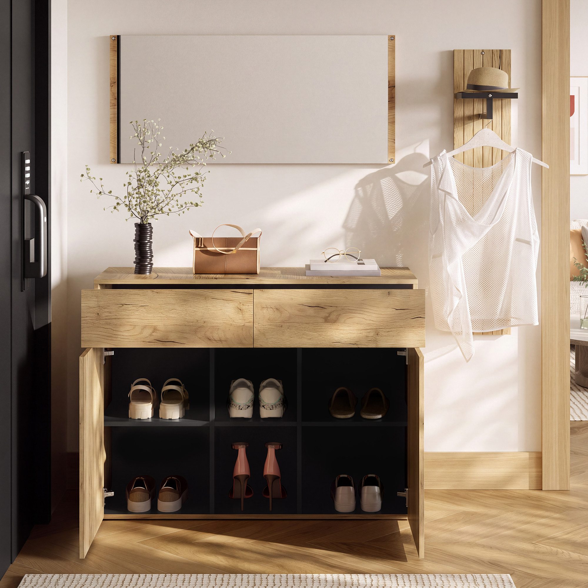 Flieks Garderoben-Set 3-teilig Kompaktgarderobe Flurmöbel-Set in Holzoptik Natur&Schwarz, (3-St), Spiegel Kleiderständer Schuhschrank mit verstellbarer Einlegeb – Bild 4 von 5