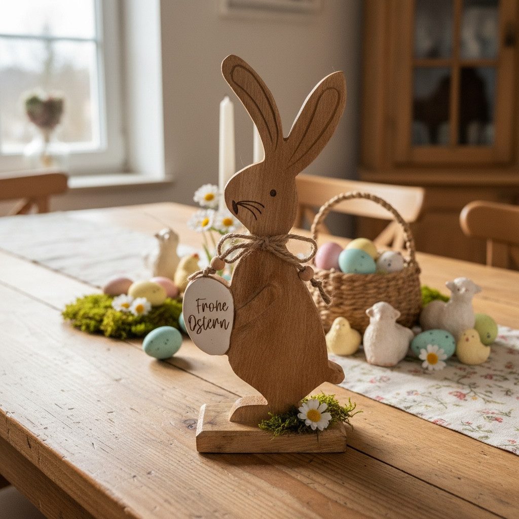 Wurm Osterhase Holz-Osterhase mit Osterei „Frohe Ostern“ – Natur pur für dein Zuhause