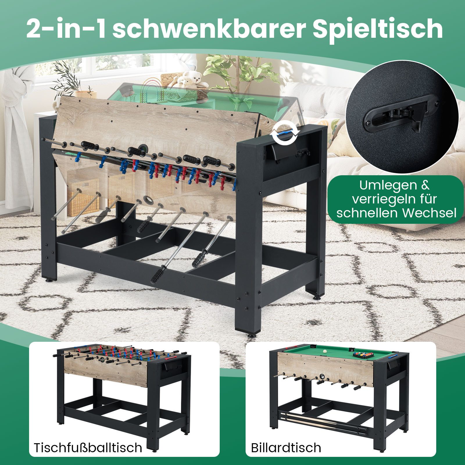 COSTWAY Billardtisch, 2-in-1 wendbarer Spieltisch, Kickertisch mit Beinen