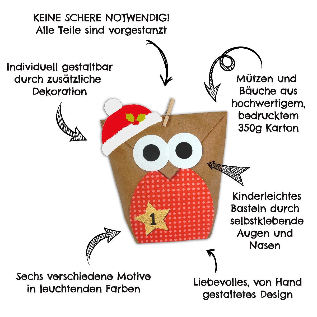 PAPIERDRACHEN DIY-Adventskalender 24 Papiertüten - Weihnachtseulen (24-tlg), 22x31x2cm