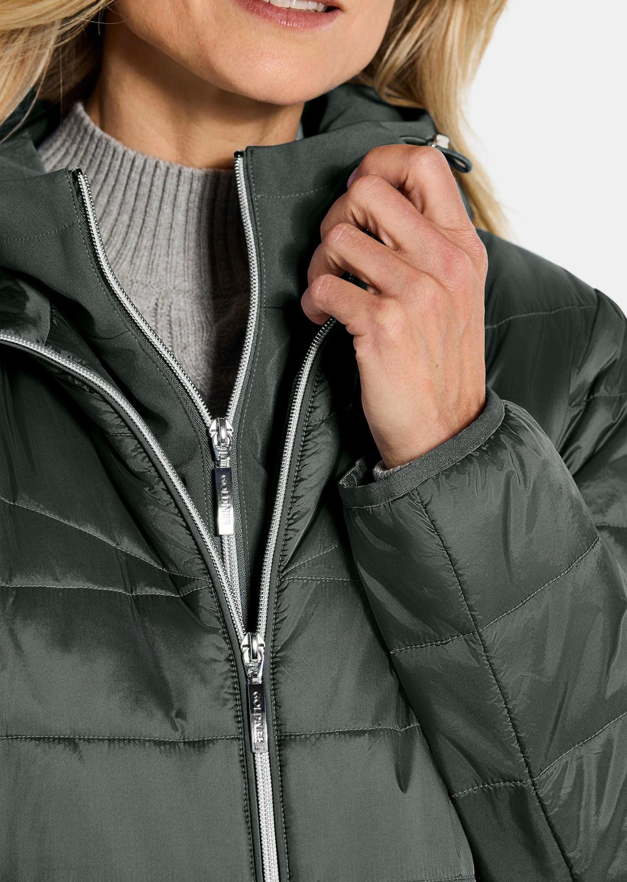 GOLDNER Kurzmantel Kurzgröße: Wintermantel mit Softshell-Einsatz Kapuzenjacke mit 2-Wege-Reißverschluss, Taschen und Langarm