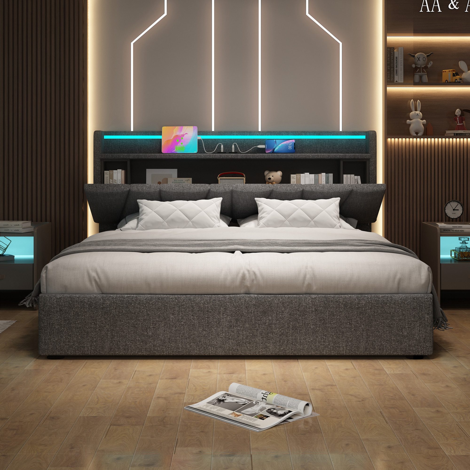 Flieks Polsterbett, Hydraulisches Doppelbett 160x200cm Stauraumkopfteil LED günstig online kaufen