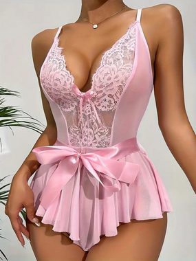 Elegant Love Body-Ouvert Sexy Damen-Tüllbody, Spitzen-Dessous, Lingerie mit überkreuztem Rücken (1-tlg) Teddy mit floraler Spitze & Schleife, verführerische Damen-Unterwäsche