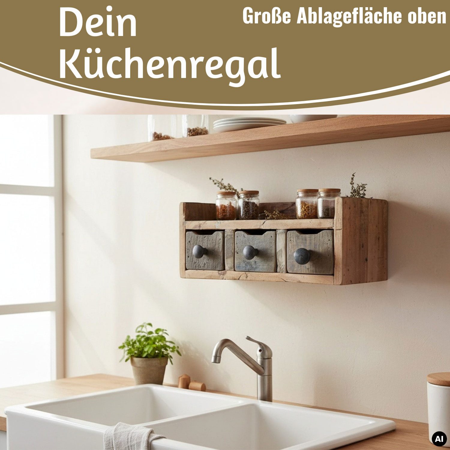 LS-LebenStil Küchenregal Vintage Dehli 35cm hängend Gewürzregal Wandregal Wandboard, Schlüsselkasten Schubladenregal Hängeregal 1-tlg., 3 Schubladen, auch freis – Bild 3 von 5