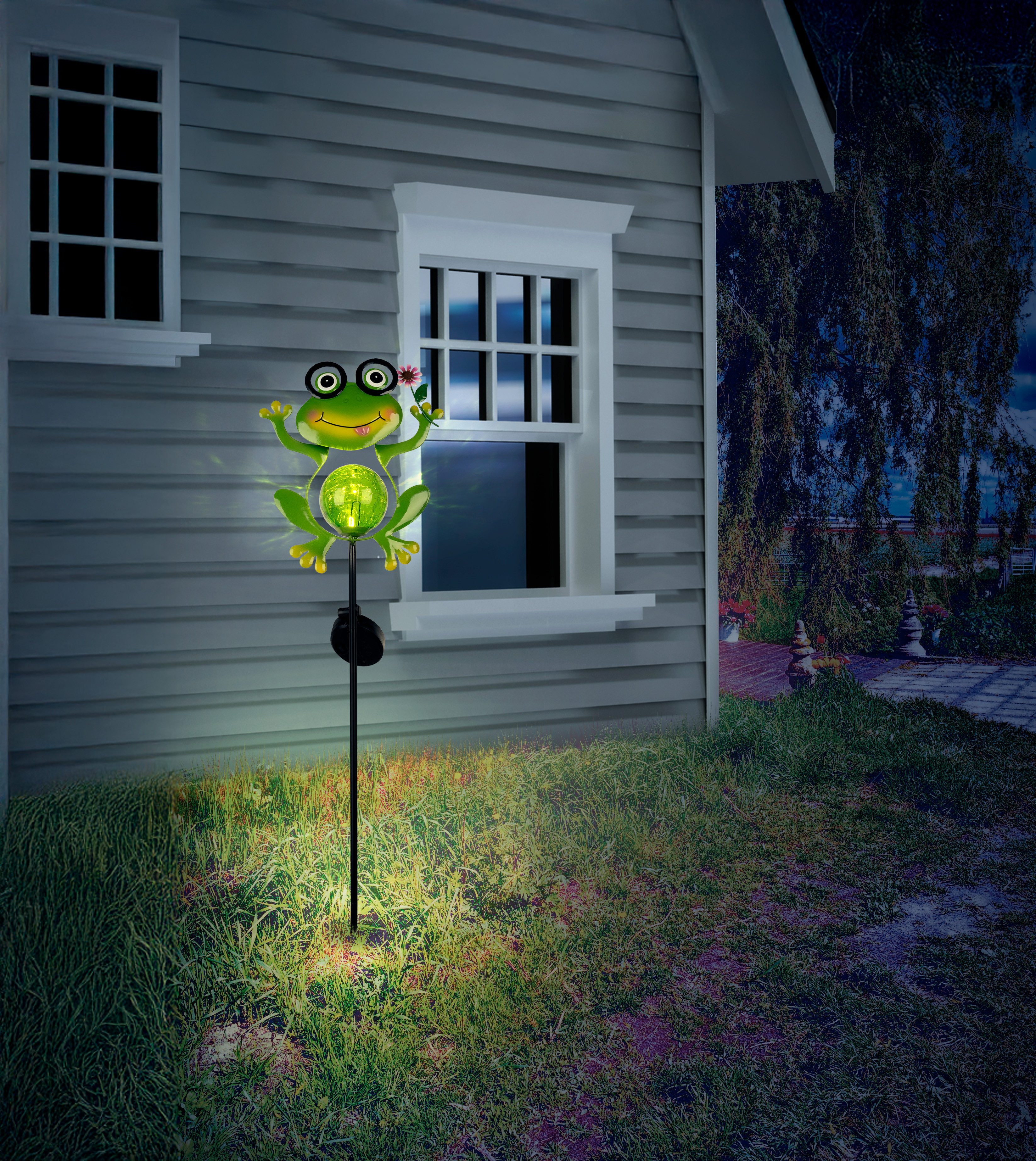 näve LED Solarleuchte Froggy, LED fest integriert, Warmweiß, Erdspieß Frosch mit Blume, grün, H: 90cm, warmweiß, 6-8h Leuchtdauer