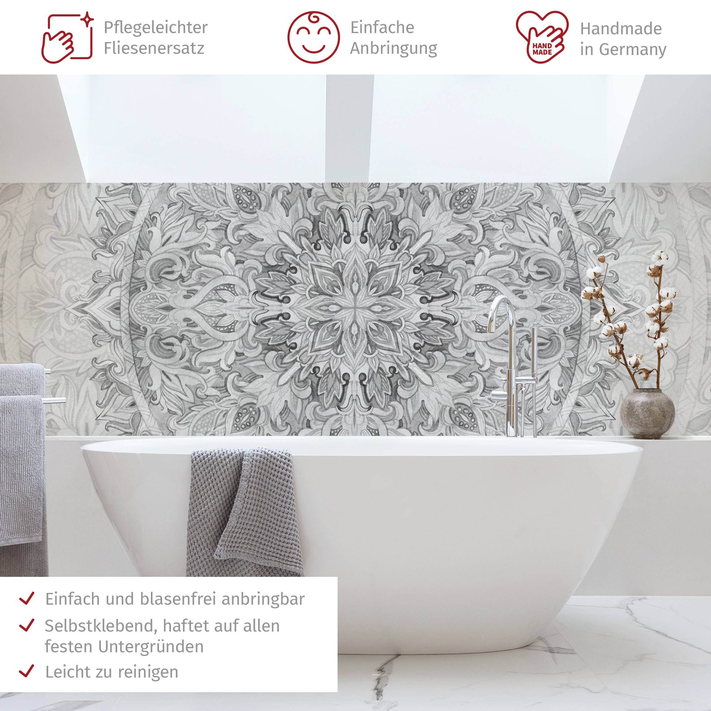 Bilderdepot24 Badrückwand schwarz weiss fugenlose Wandverkleidung Bad Orientalisch, (Hartfolie matt » Selbstklebend SMART 0,35 mm), wasserfestes Wandpaneel Mandala Ornament Muster