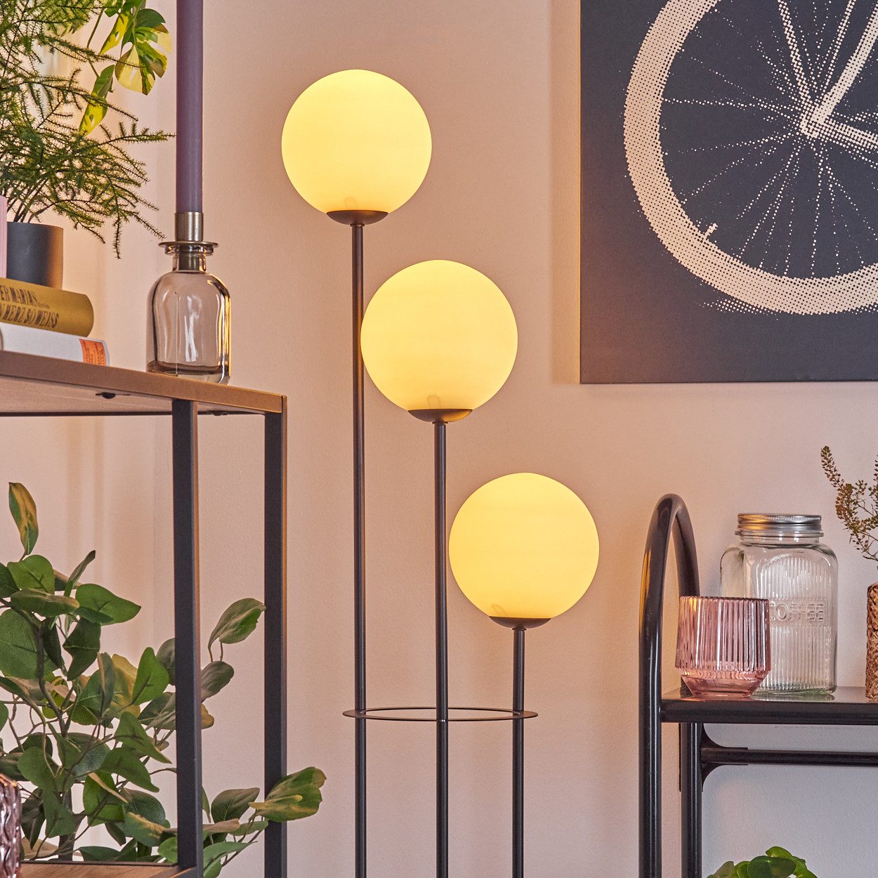 hofstein Stehlampe Stehlampe aus Metall/Holz/Glas in Schwarz/Hellbraun/Milchglas, ohne Leuchtmittel, Stehleuchte im Retro-Design m. Glasschirmen (15cm), Fußschalter, E14