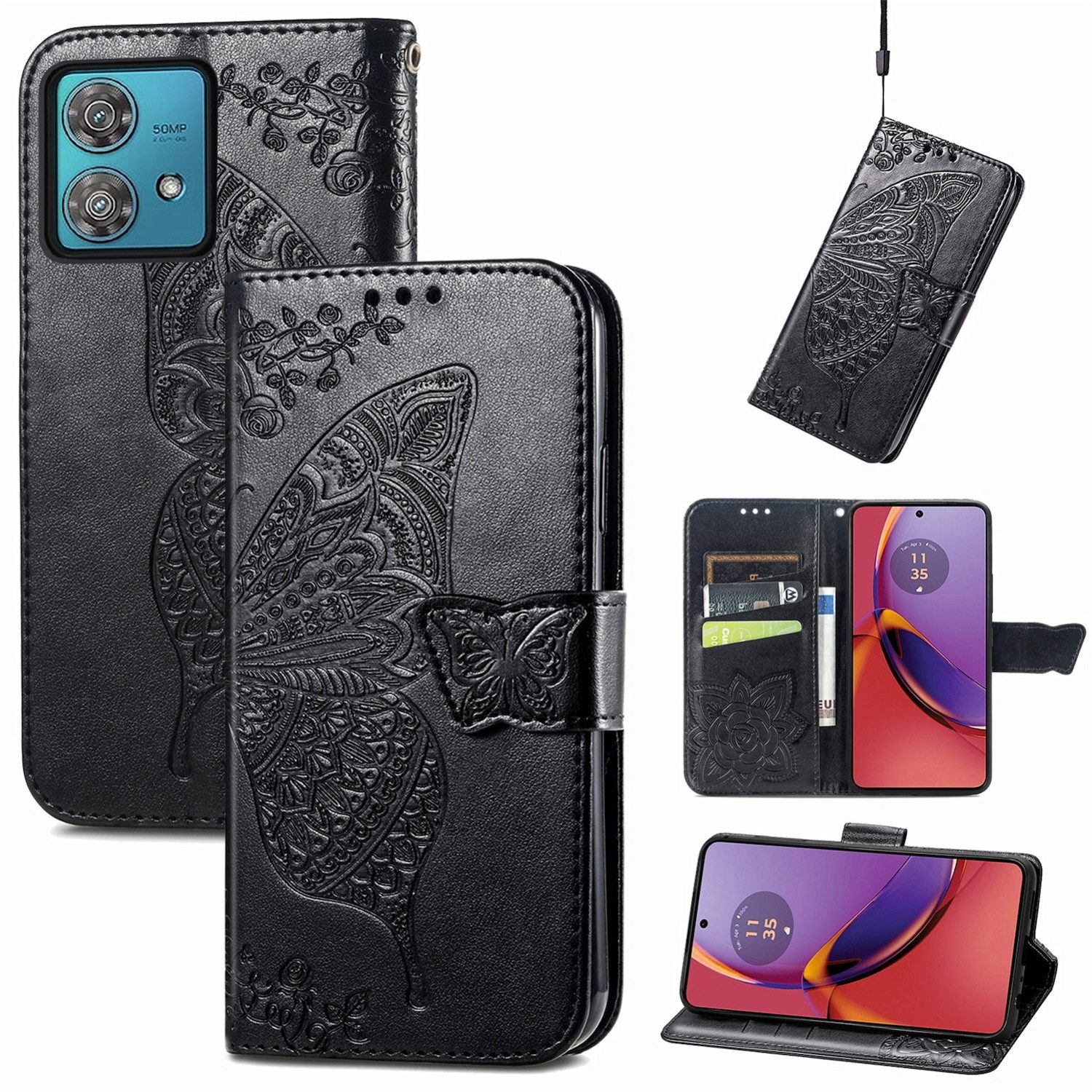 Wigento Handyhülle Für Motorola Moto G84 5G Tasche Wallet Schmetterling Design Hülle Case