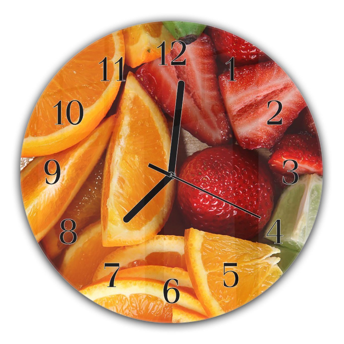Motiv Rund Orangenschnitze mit und Glas Quarzuhrwerk Primedeco Durchmesser - 30 mit Erdbeeren aus cm Wanduhr und Wanduhr