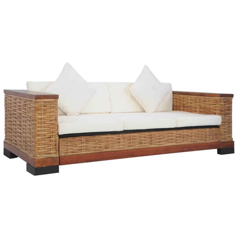 vidaXL Sofa 3-Sitzer-Sofa mit Auflagen Braun Natur Rattan