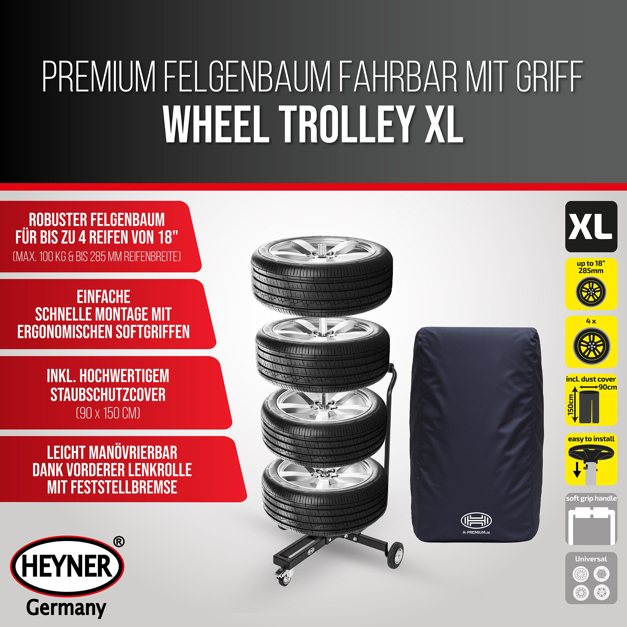 HEYNER Mobile Rim Tree - Up to 285 mm tire width, 100 kg load capacity, with, 1-piece.