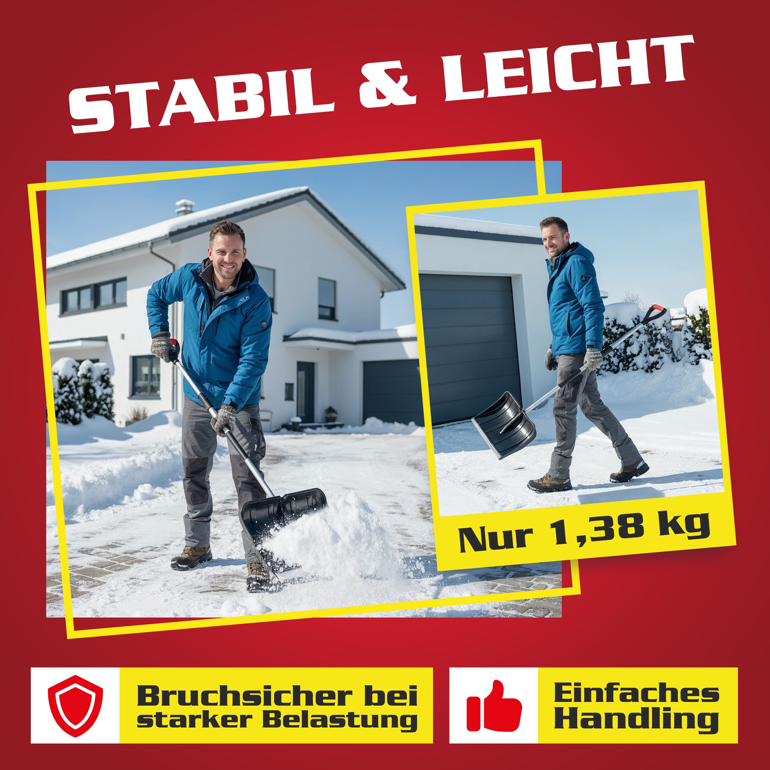 Hecht Schneeschieber Schneeschaufel Teleskop Aluminium mit Metallkante, 49 cm Arbeitsbreite, mit 155,5 cm langem Stiel, 1,38 kg, Ergonomisch, Metallkante, D-Gri – Bild 4 von 5