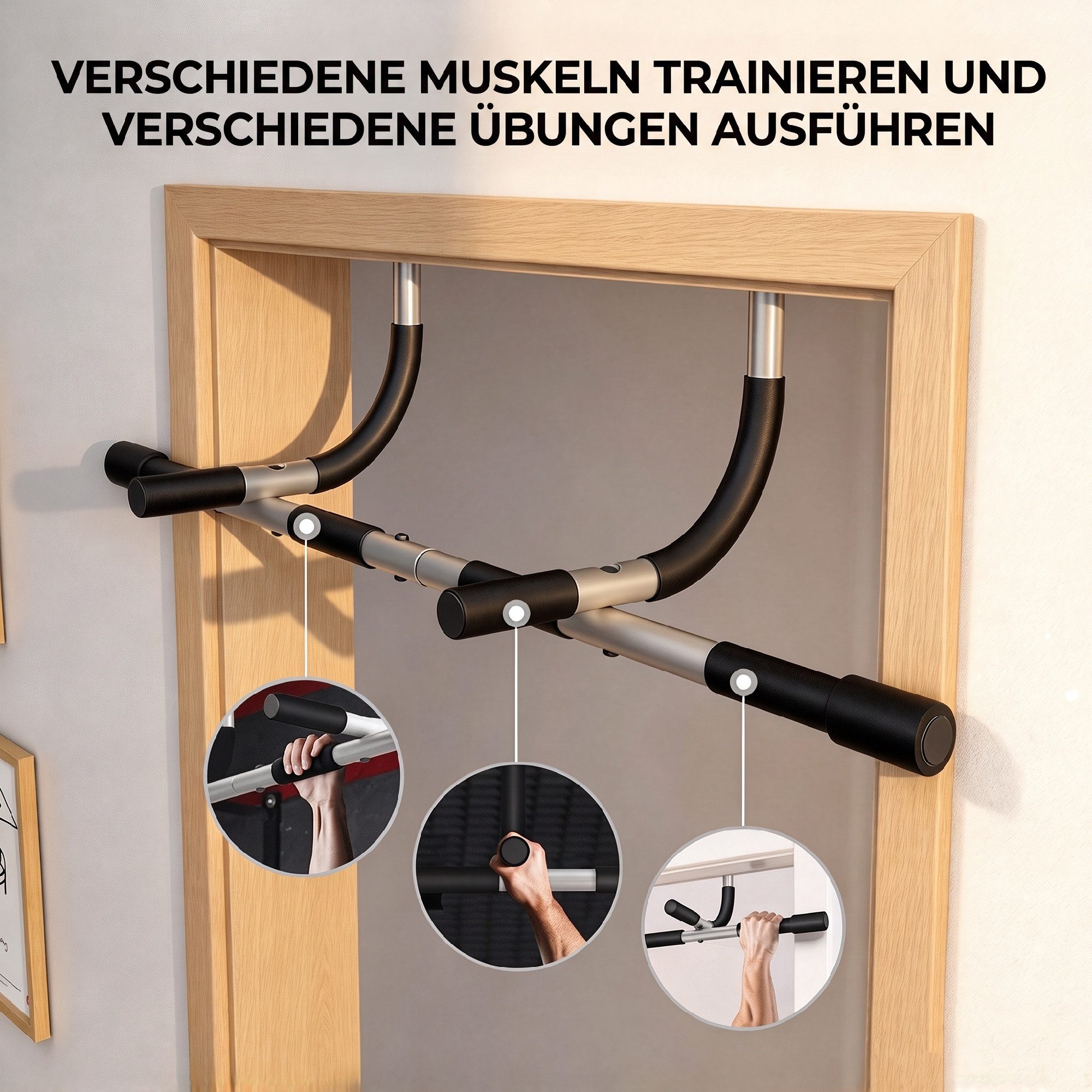 HOMCOM Klimmzugstange Türrahmen ohne Schrauben, Pull Up Bar, Tragkraft bis 110 Kg (Stahl, Schaumstoff, PE, 1-tlg., Schwarz+Grau), 92cm x 40cm x 17cm – Bild 5 von 5