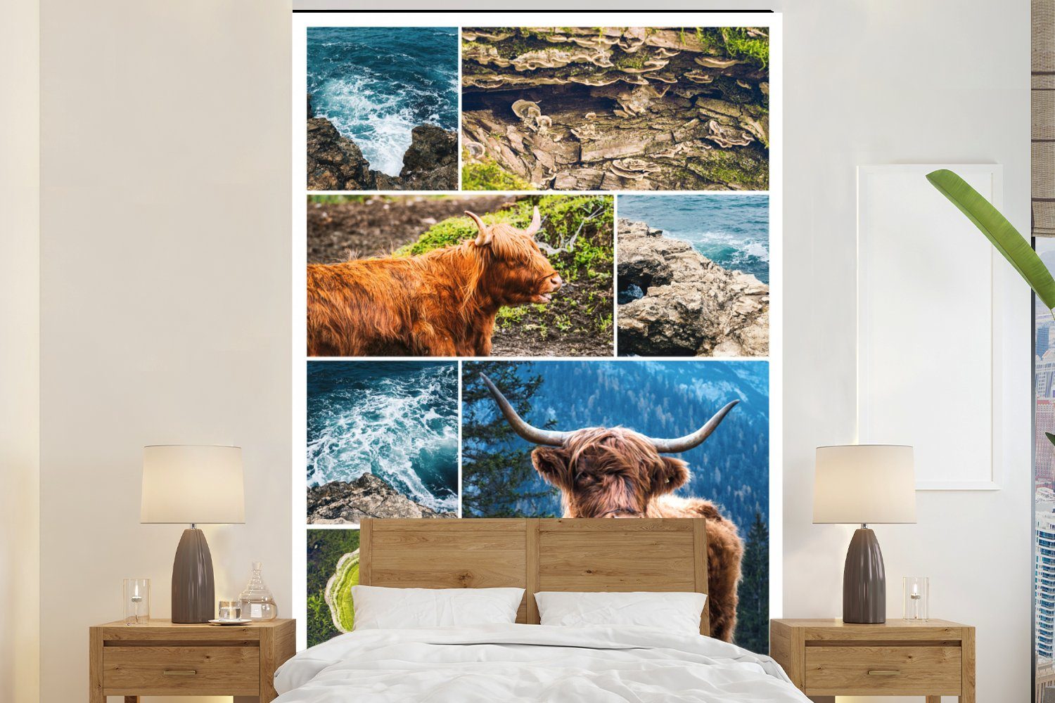 MuchoWow Fototapete Schottischer Highlander - Collage - Tiere, Matt, bedruckt, (3 St), Montagefertig Vinyl Tapete für Wohnzimmer, Wandtapete