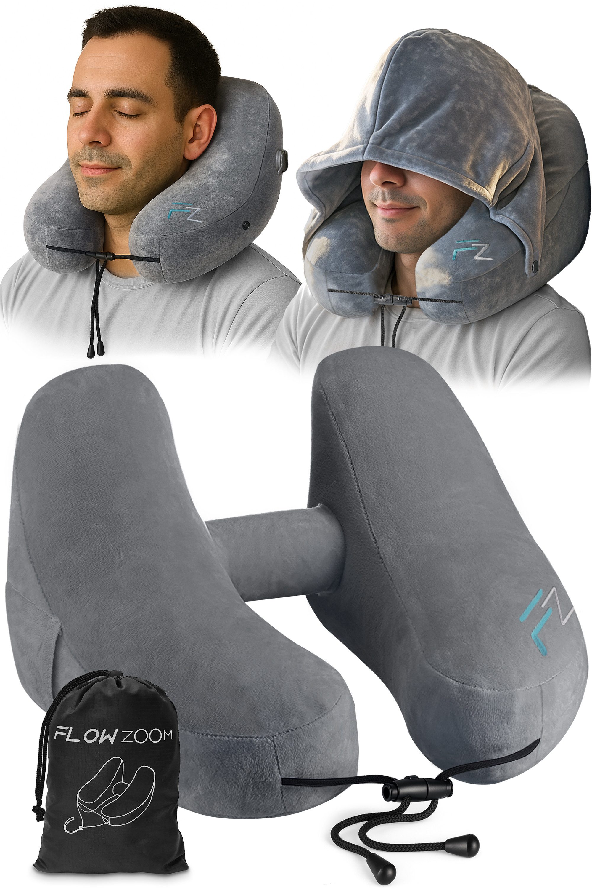 FLOWZOOM Nackenhörnchen AIR Nackenkissen aufblasbar - Nackenkissen Flugzeug - Reisekissen, Nackenhörnchen für Erwachsene - Reisekissen aufblasbar