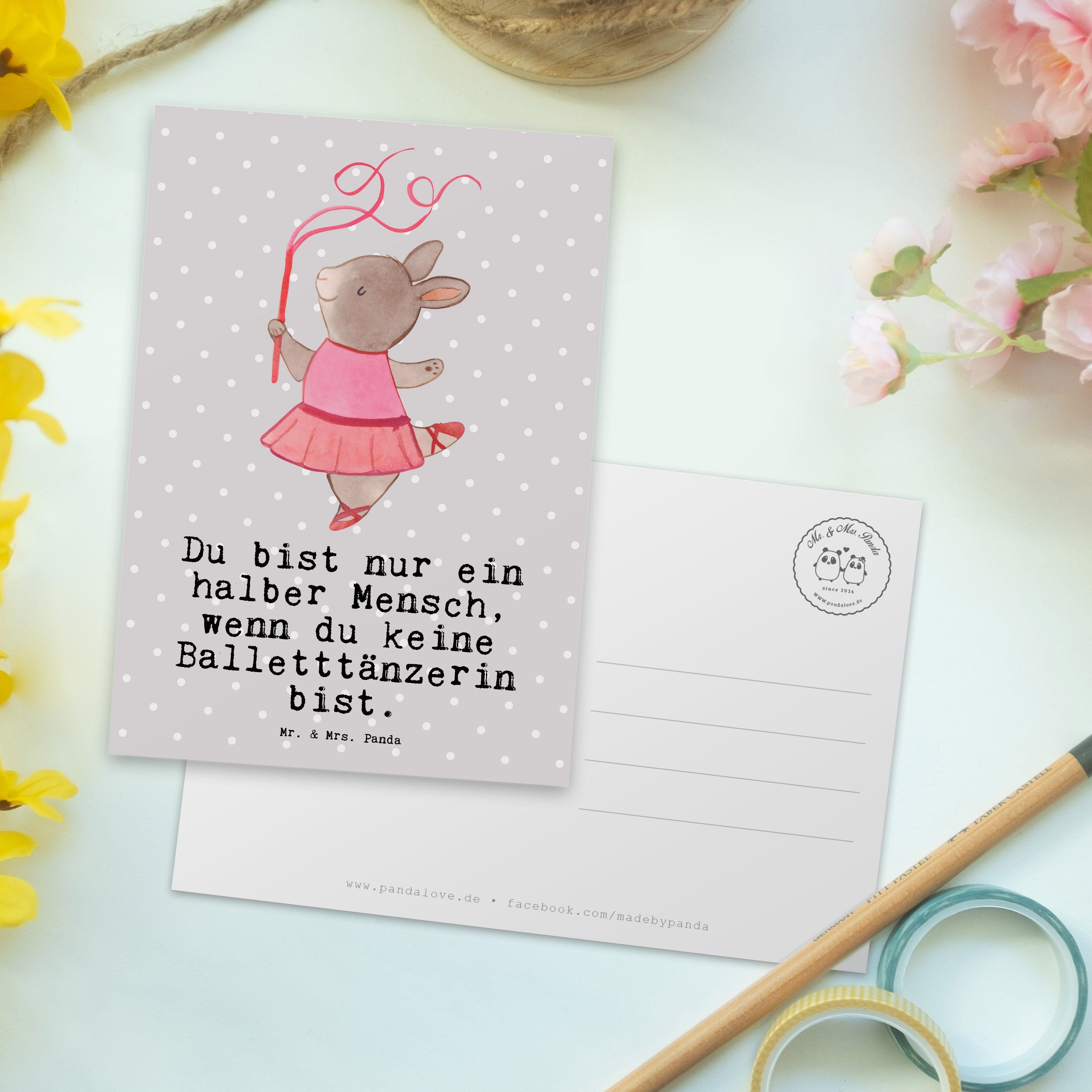 Balletttänzerin - Geschenk, Mr. Postkarte Mrs. Pastell mit Ballettunterricht Grau Panda & Herz -