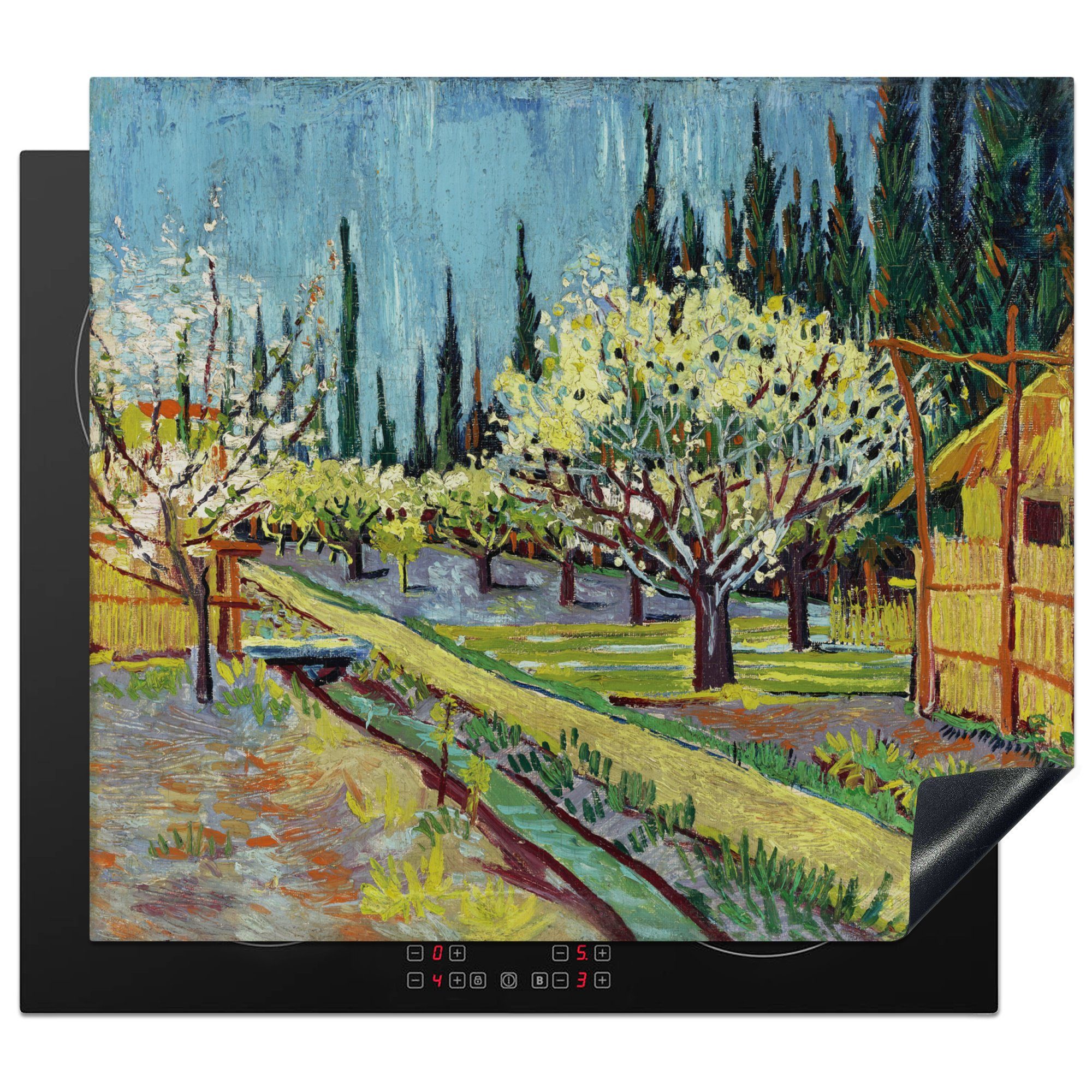 59x52 Gogh, tlg), die Ceranfeldabdeckung van Vincent umgeben (1 MuchoWow von Zypressen Herdblende-/Abdeckplatte - Blühender Induktionsmatte für Vinyl, Obstgarten, küche, cm,