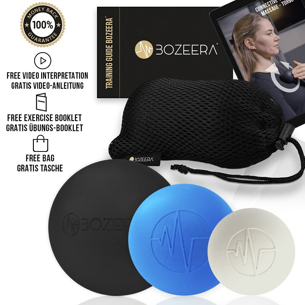 BOZEERA Massageball Lacrosse Massageball 3er Set – Lacross Ball 6 cm, 5cm und 3cm, Gummi Ball Set – Faszienball Set - Lacross Ball, Inkl. GRATIS Video-anleitung, Übungs-booklet & Tasche – Premium Set