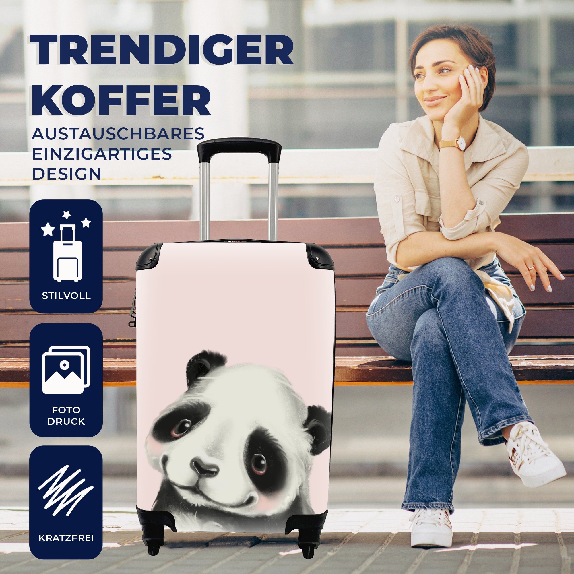 Reisetasche Reisekoffer Rollen, 4 Handgepäckkoffer Rosa, Ferien, - Panda Trolley, rollen, MuchoWow mit für - Kinder Handgepäck