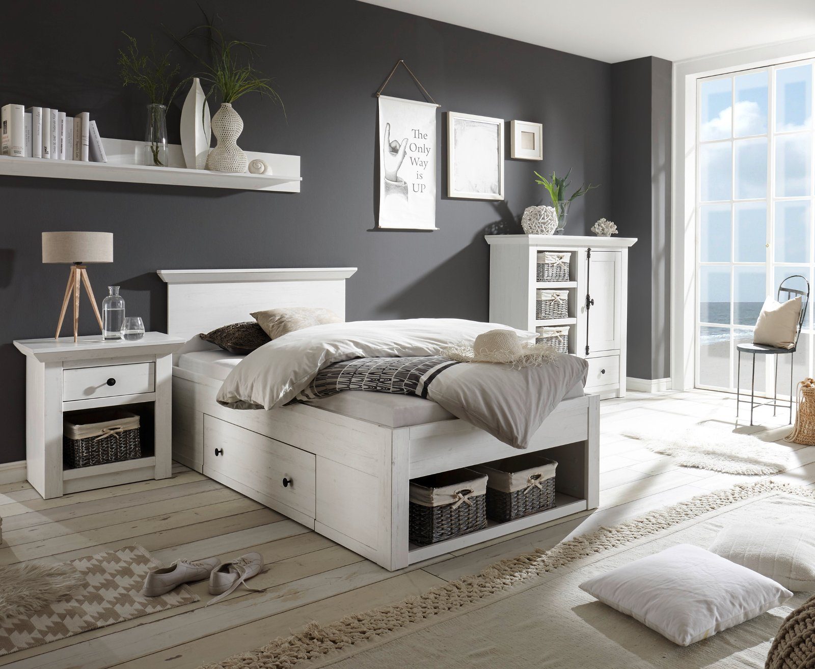 Furn.Design Einzelbett Hooge (in Pinie weiß, Liegefläche 90 x 200 cm), mit Bettschubkasten mit Stauraum