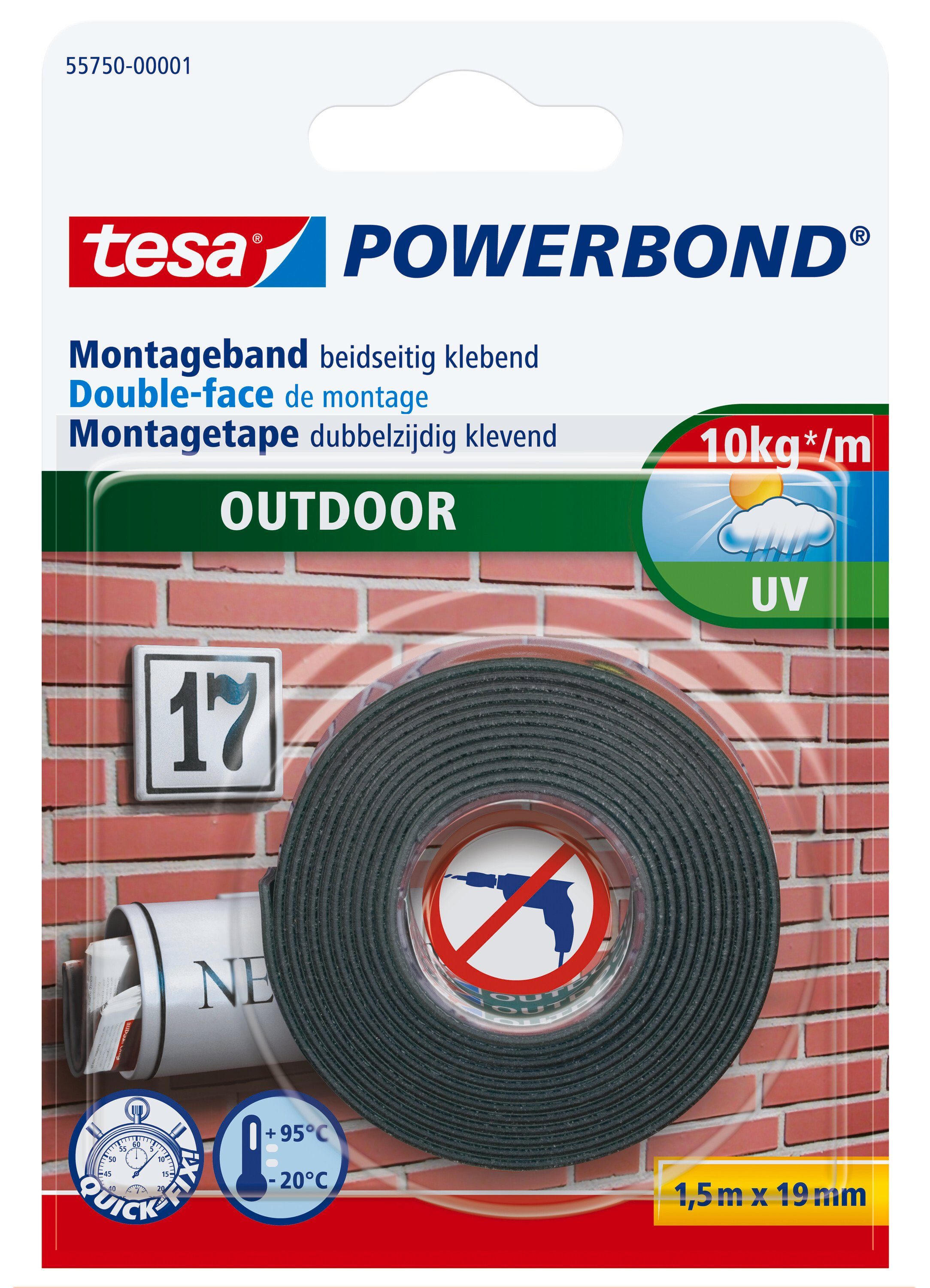 tesa Doppelklebeband POWERBOND Outdoor Doppelseitiges Klebeband (Packung, 1-St) für draussen - 1,5 m : 19 mm schwarz
