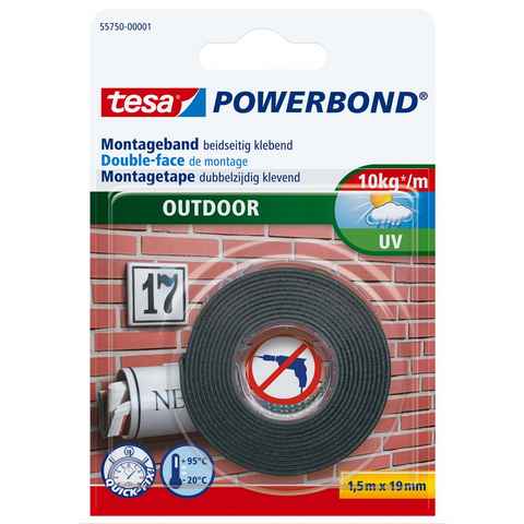 tesa Doppelklebeband POWERBOND Outdoor Doppelseitiges Klebeband (Packung, 1-St) für draussen - 1,5 m : 19 mm