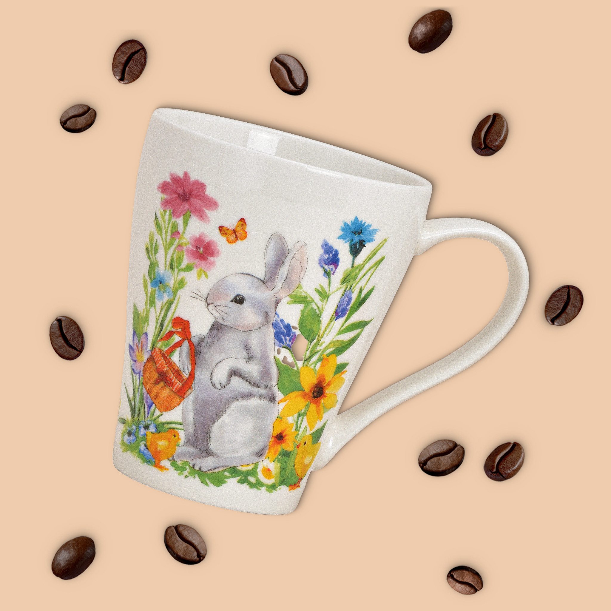 matches21 HOME & HOBBY Tasse Kaffeetassen 2er Set Ostern Frühling Osterhase Blumen, 2-tlg., Porzellan, Tee, Kaffee-Becher, klassisch, weiss bunt, 350 ml