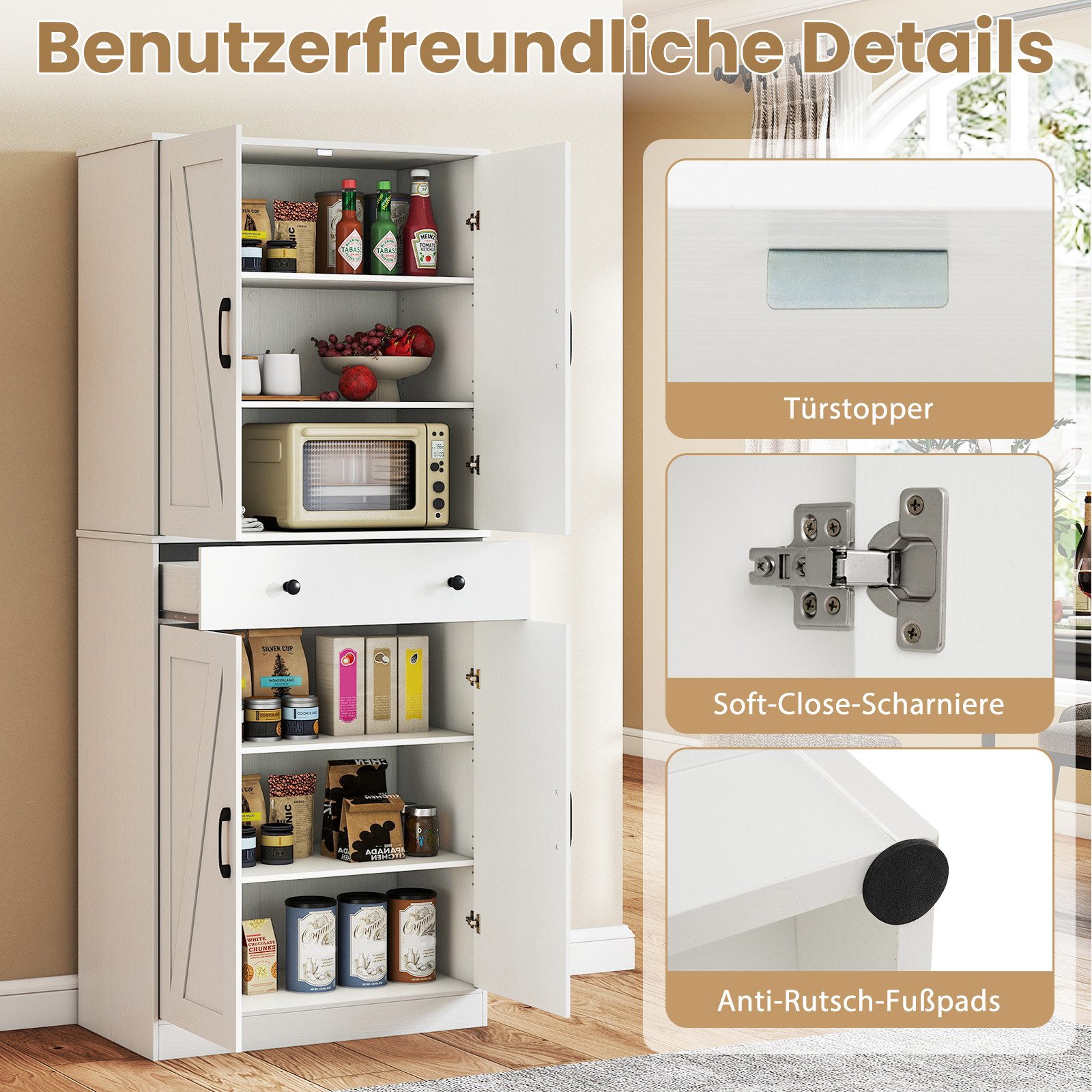 KOMFOTTEU Mehrzweckschrank Küchenschrank Aufbewahrungsschrank mit 4 Türen, Schublade