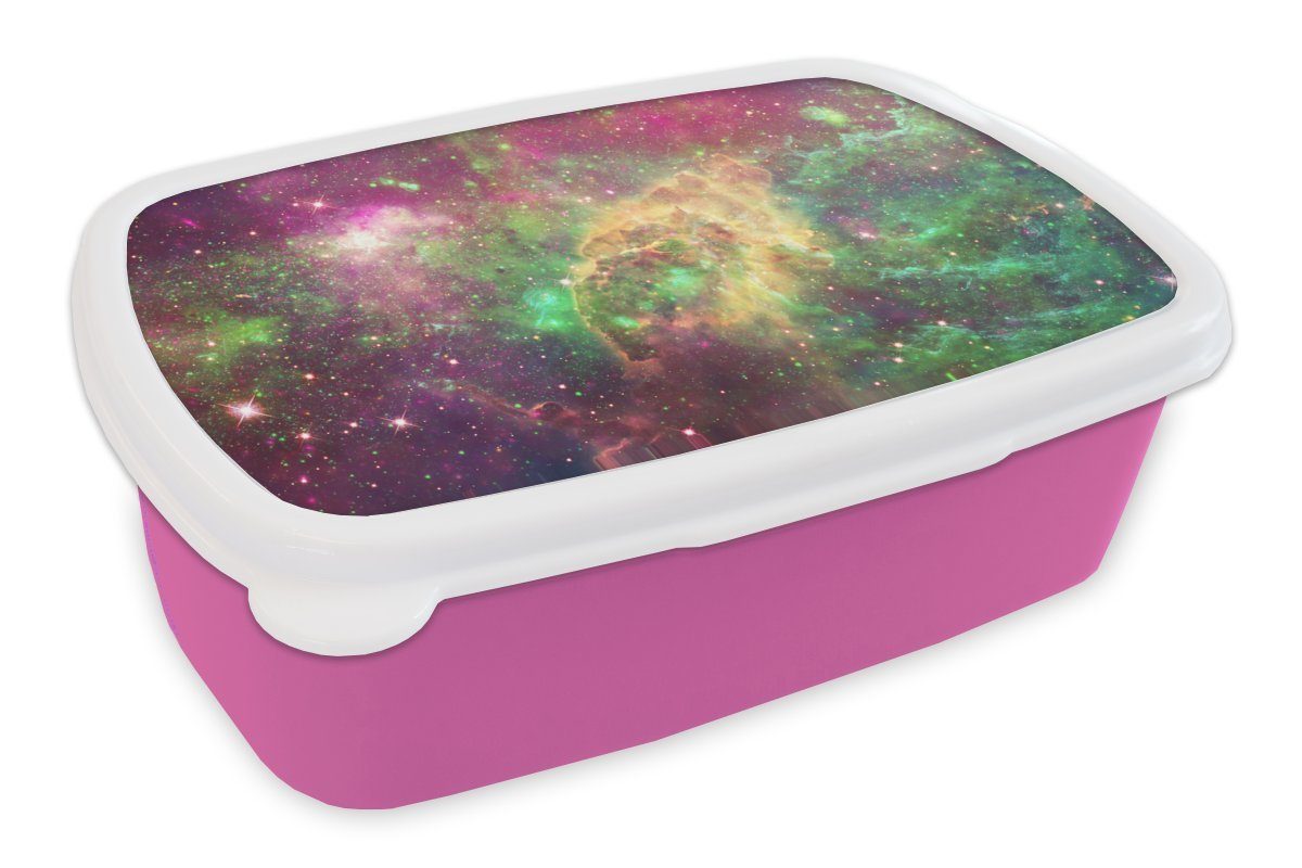 MuchoWow Lunchbox Weltraum - Grün - Sterne, Kunststoff, (2-tlg), Brotbox für Erwachsene, Brotdose Kinder, Snackbox, Mädchen, Kunststoff rosa