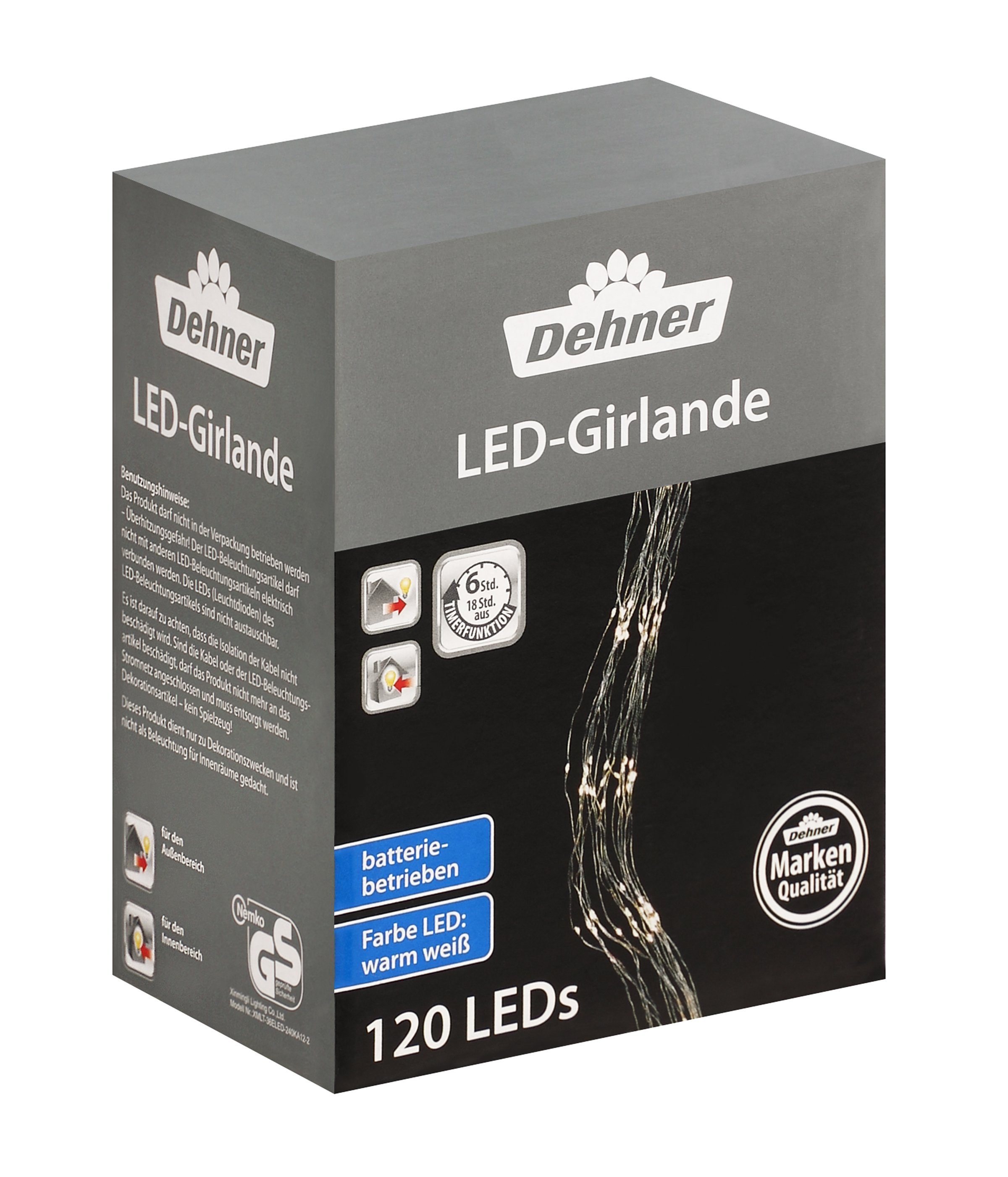 LED 90 cm, Länge Weihnachtsbeleuchtung Dehner für Outdoor, 120 Indoor LEDs, / 8h-Timer mit LED-Lichterkette warmweiß, Girlande,