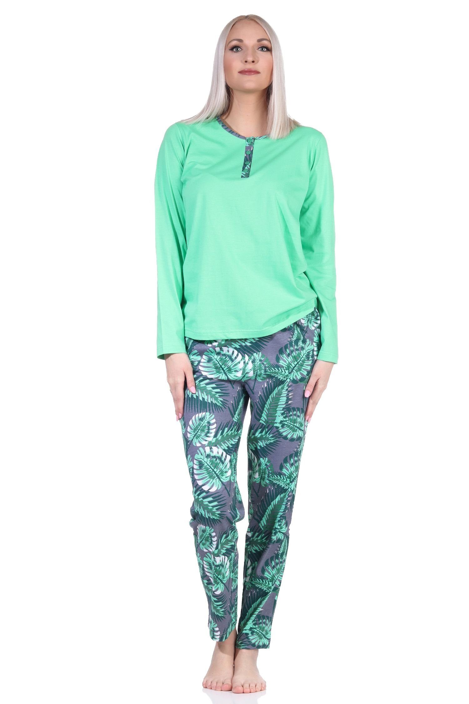 Normann Pyjama Damen Schlafanzug mit Hose in floralem Print - auch in Übergrößen grün