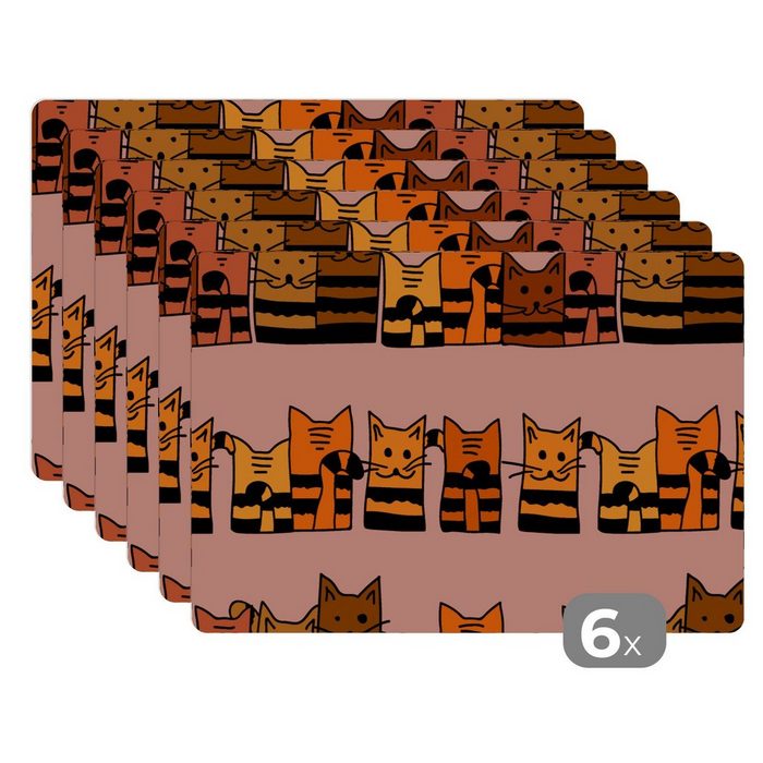 Platzset Katzen - Muster - Tiere - Kinder MuchoWow (6-St) Platzset Platzdecken Platzmatte Tischmatten Schmutzabweisend