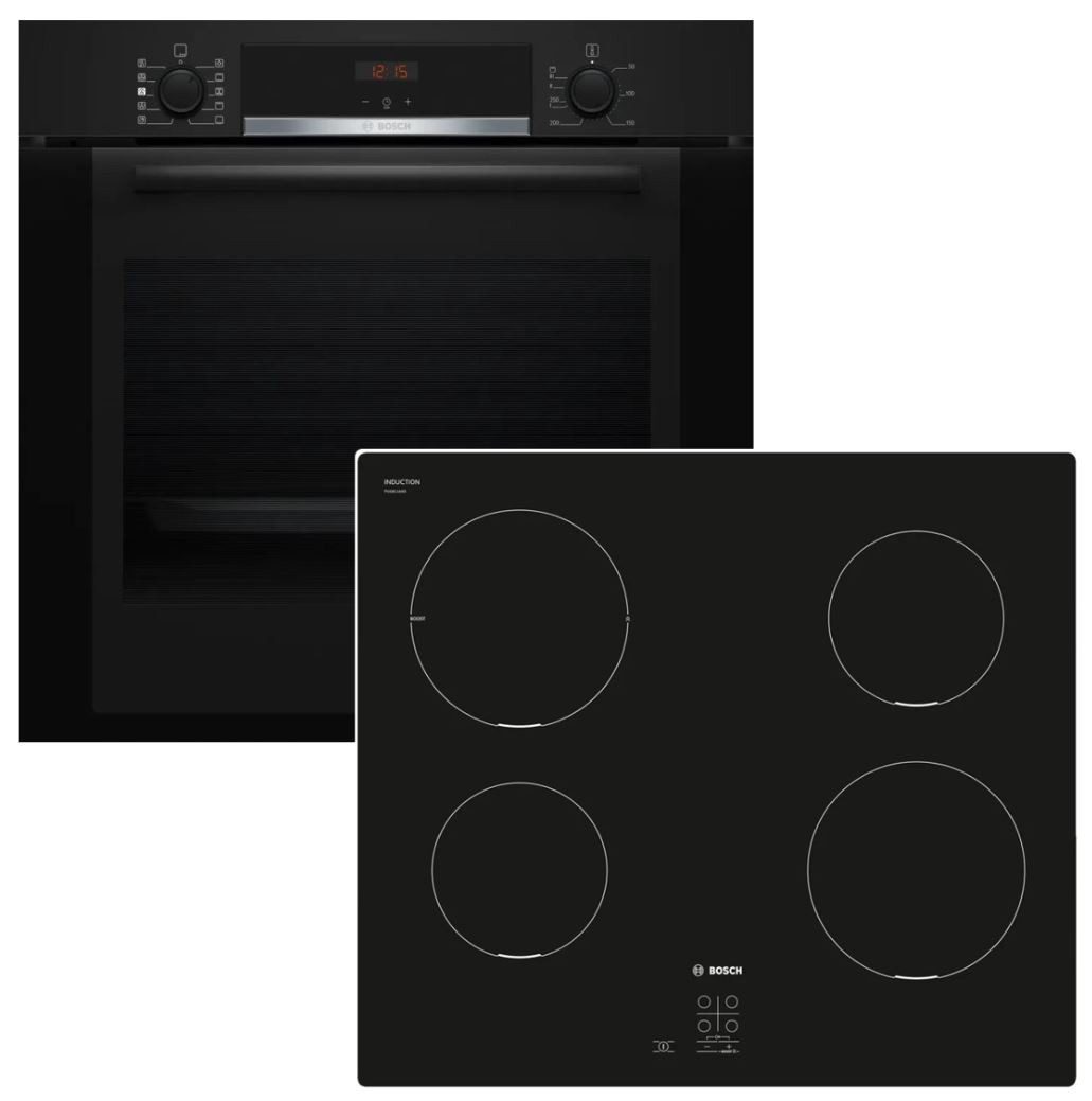 BOSCH Backofen-Set Hydrolyse Teleskopauszug + Induktionskochfeld Booster autark 60 cm