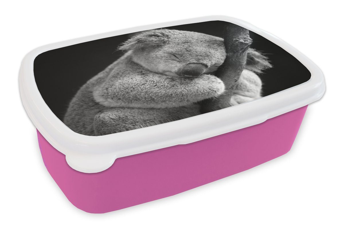MuchoWow Lunchbox Koala - Zweig - Schwarz - Kinder - Jungen - Mädchen, Kunststoff, (2-tlg), Brotbox für Erwachsene, Brotdose Kinder, Snackbox, Mädchen, Kunststoff rosa