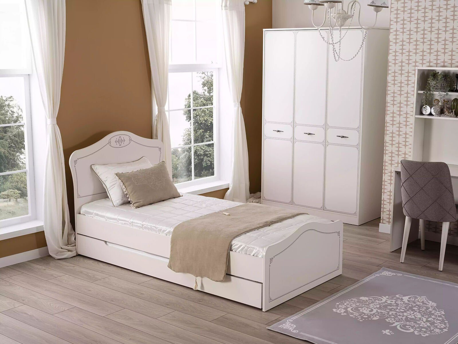 Komplette 3tlg Weiß, + Nachttisch Holz JVmoebel Europe Funktionsbett Bett Set Ausziehbares Made Jugendzimmer-Set in (3-St., Kleiderschrank), Jugendbett +